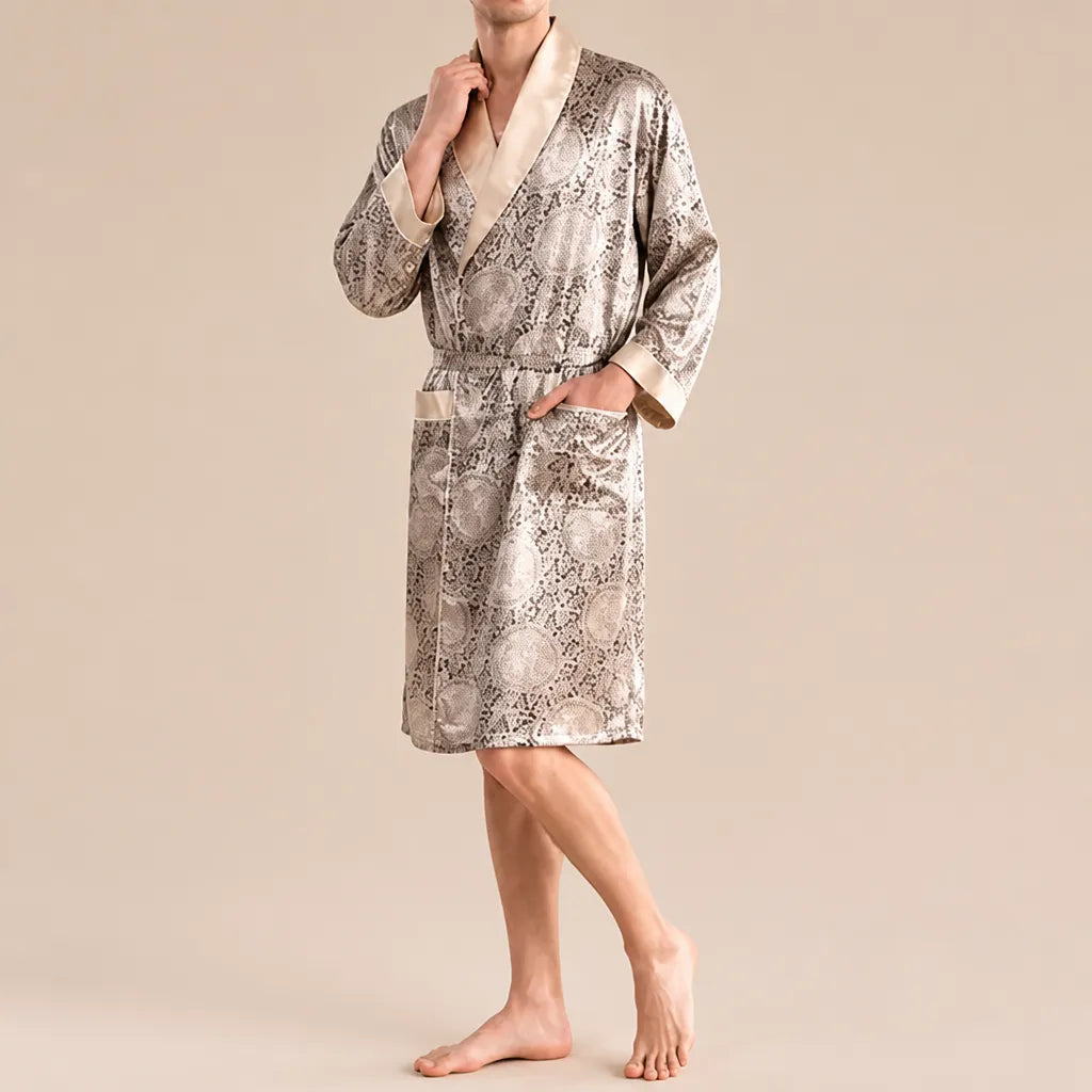 La boutique du peignoir Peignoir Homme Luxe - Kimono en Satin, Beige Doré à Ramages