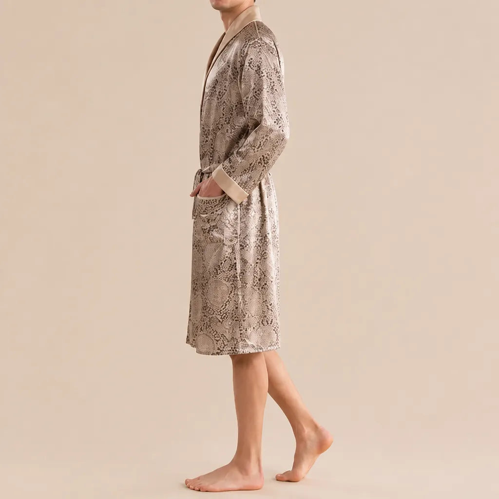 La boutique du peignoir Peignoir Homme Luxe - Kimono en Satin, Beige Doré à Ramages