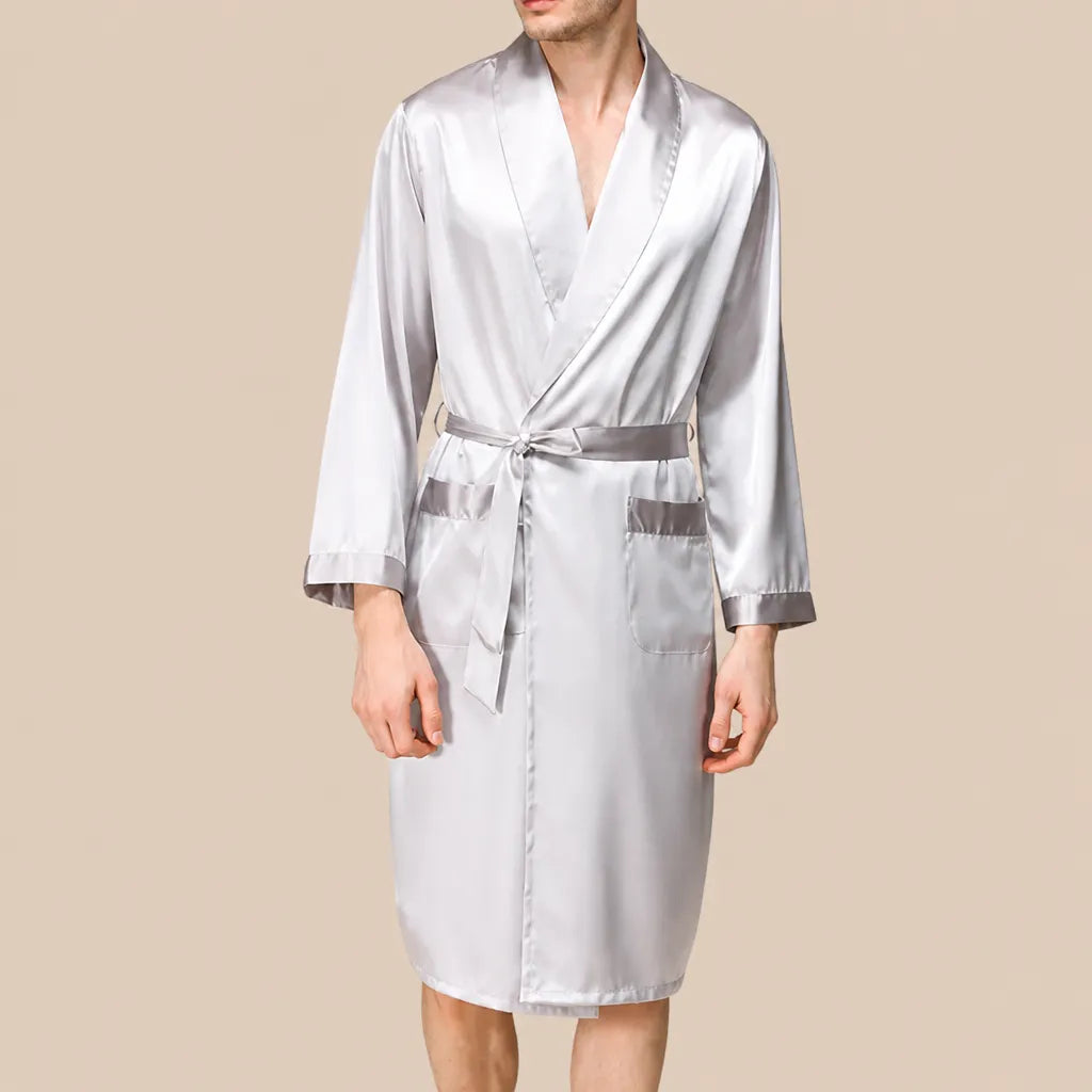 La boutique du peignoir Peignoir Homme Luxe - Kimono en Satin, Blanc Argenté