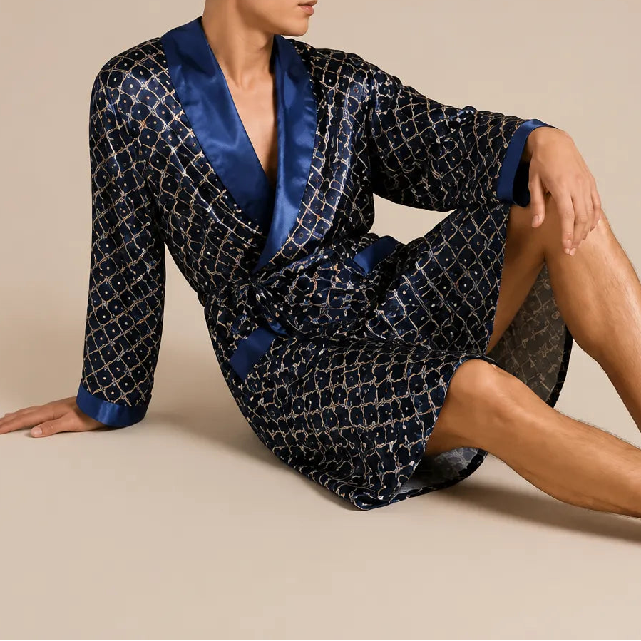 La boutique du peignoir Peignoir Homme Luxe - Kimono en Satin, Bleu Marine à Motifs