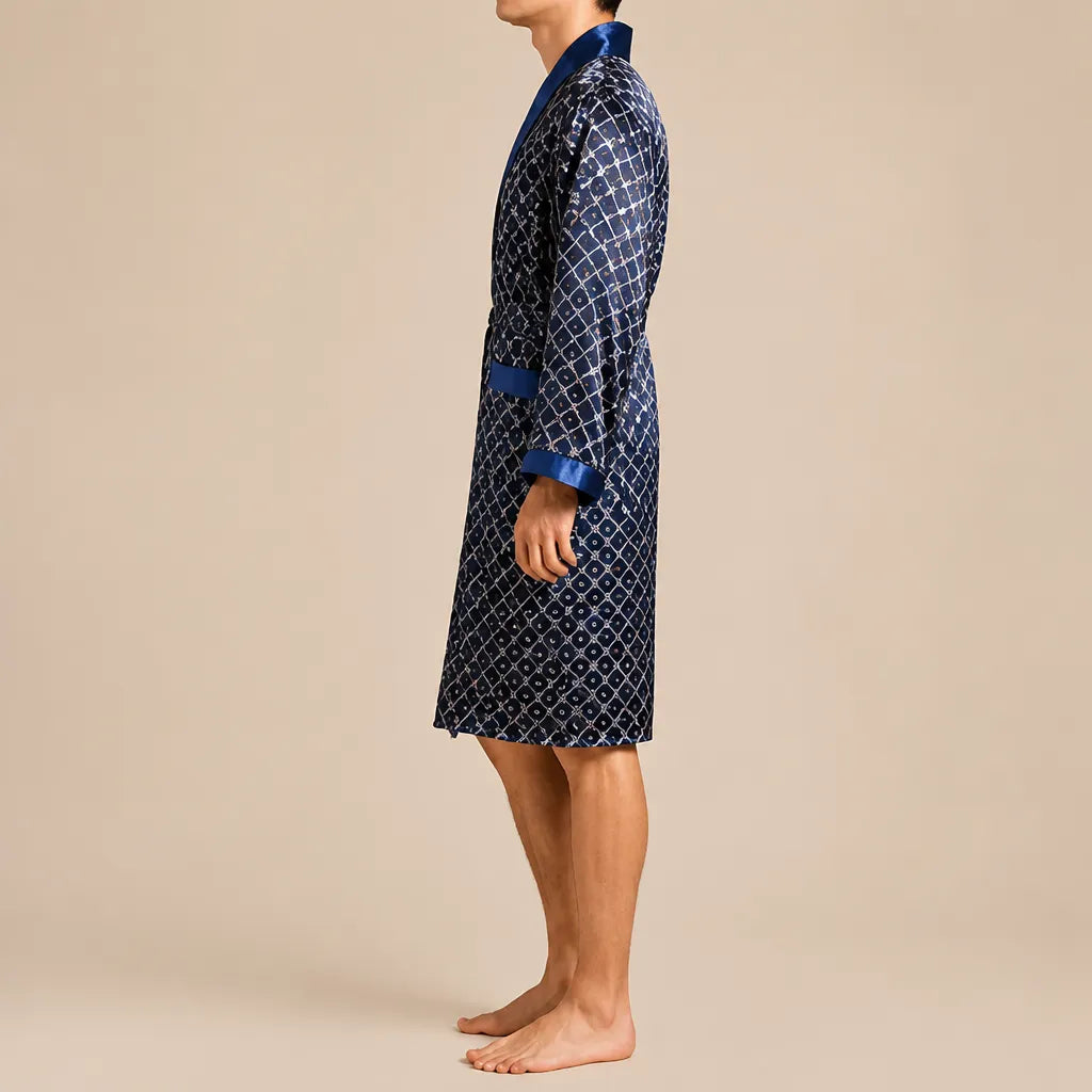 La boutique du peignoir Peignoir Homme Luxe - Kimono en Satin, Bleu Marine à Motifs