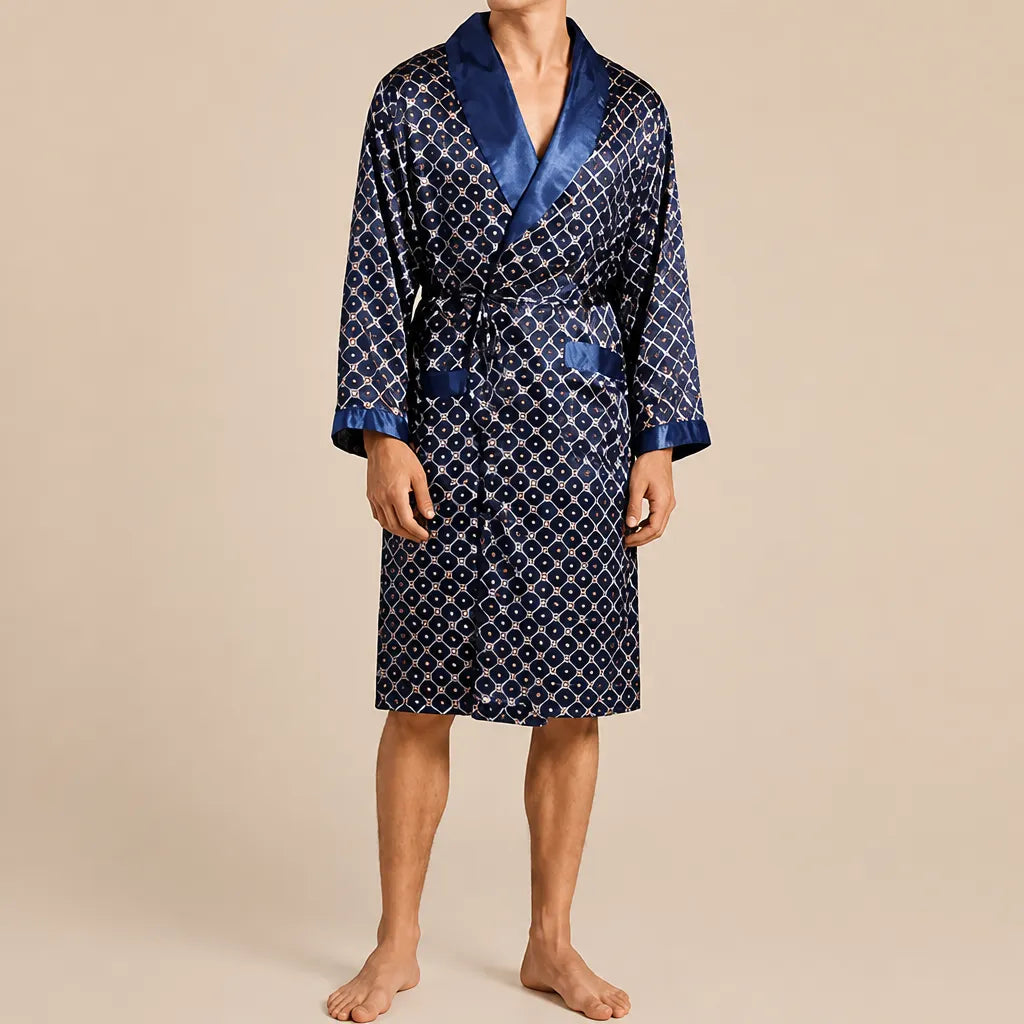 La boutique du peignoir Peignoir Homme Luxe - Kimono en Satin, Bleu Marine à Motifs