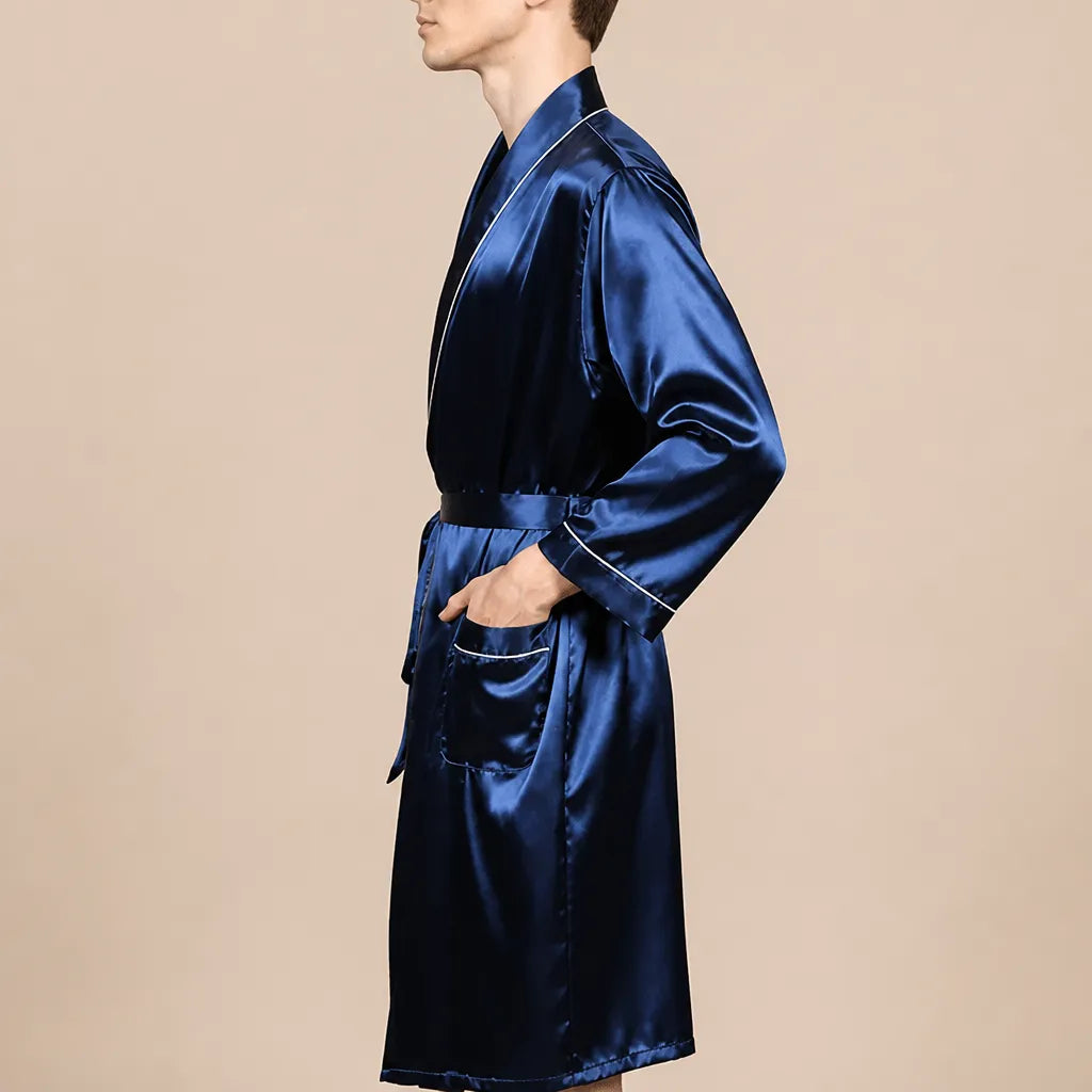 La boutique du peignoir Peignoir Homme Luxe - Kimono en Satin, Bleu Nuit à Liseré