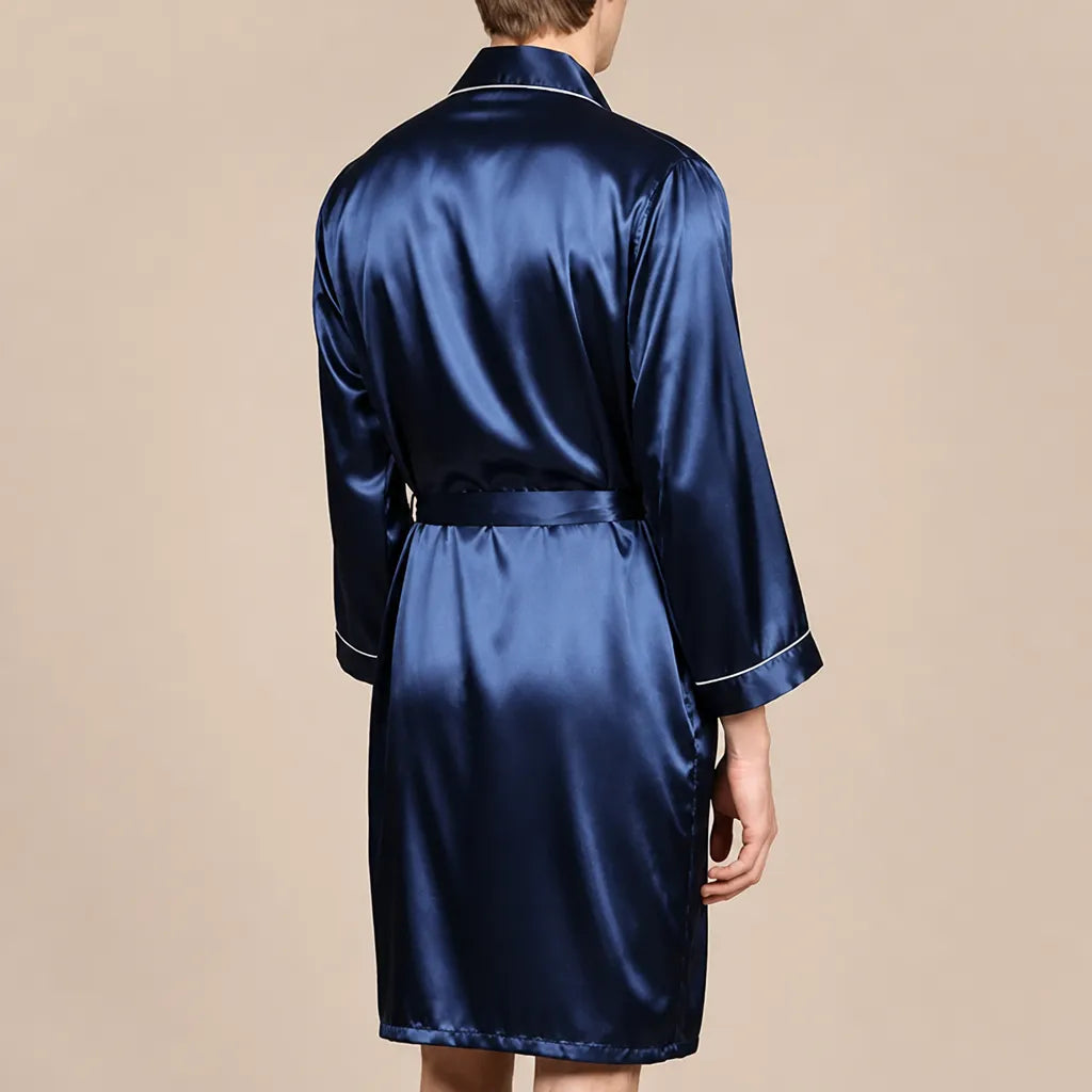 La boutique du peignoir Peignoir Homme Luxe - Kimono en Satin, Bleu Nuit à Liseré