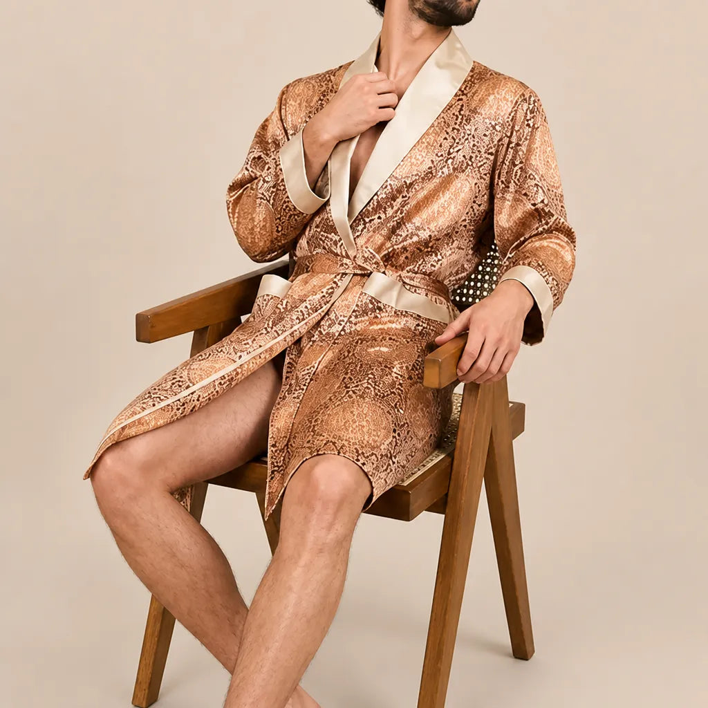 La boutique du peignoir Peignoir Homme Luxe - Kimono en Satin, Doré à Motifs
