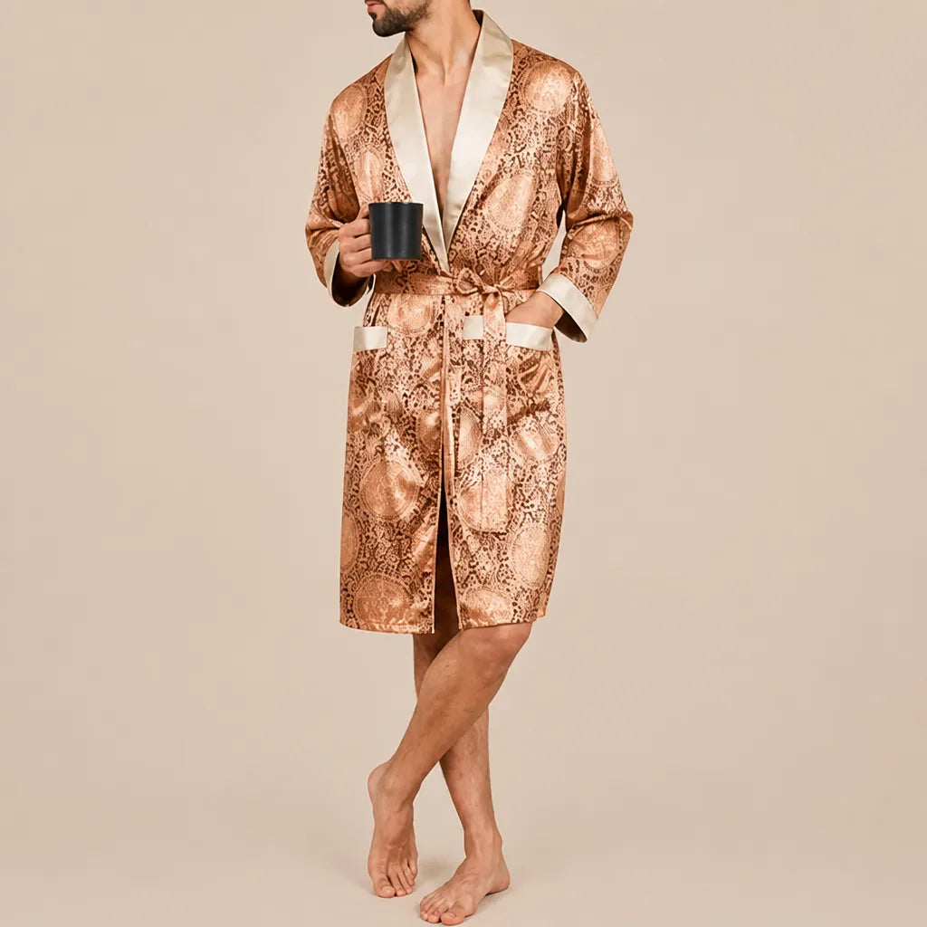 La boutique du peignoir Peignoir Homme Luxe - Kimono en Satin, Doré à Motifs