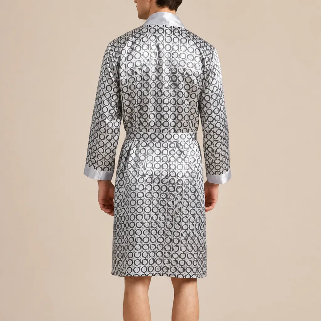La boutique du peignoir Peignoir Homme Luxe - Kimono en Satin, Gris à Motifs Col Blanc