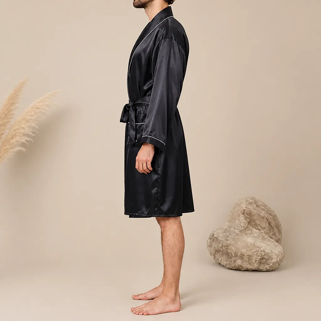 La boutique du peignoir Peignoir Homme Luxe - Kimono en Satin, Noir à Liseré Blanc