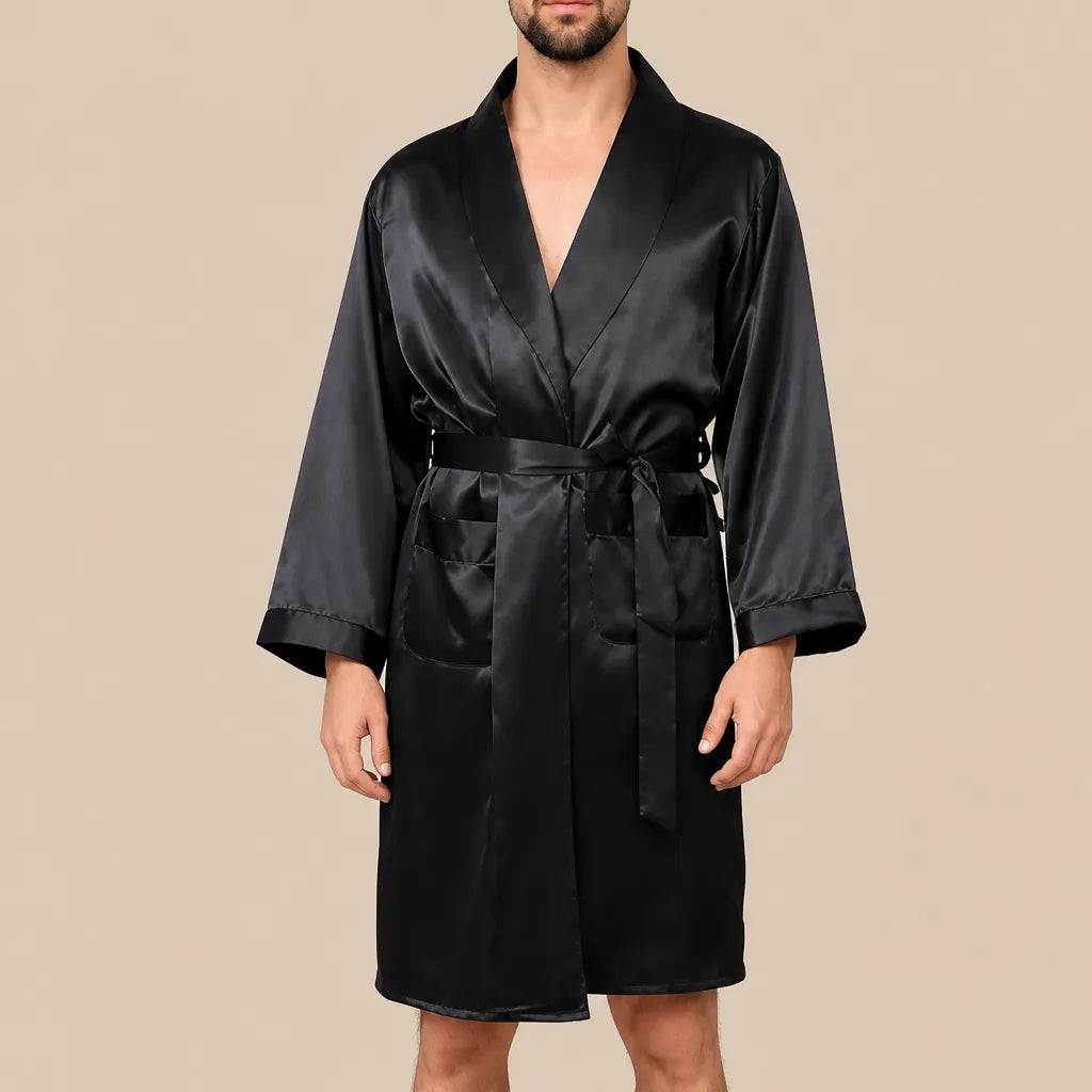 La boutique du peignoir Peignoir Homme Luxe - Kimono en Satin, Noir Uni