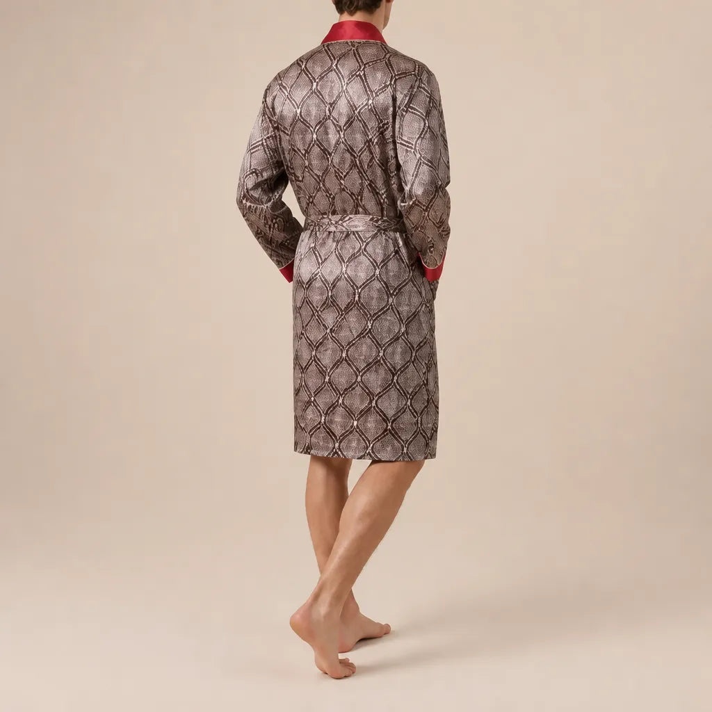 La boutique du peignoir Peignoir Homme Luxe - Kimono en Satin, Taupe à Motifs Col Rouge