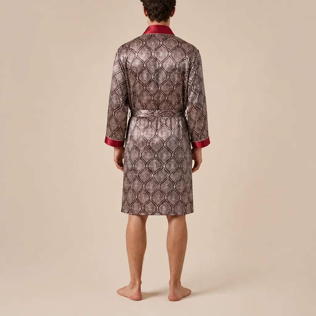 La boutique du peignoir Peignoir Homme Luxe - Kimono en Satin, Taupe à Motifs Col Rouge