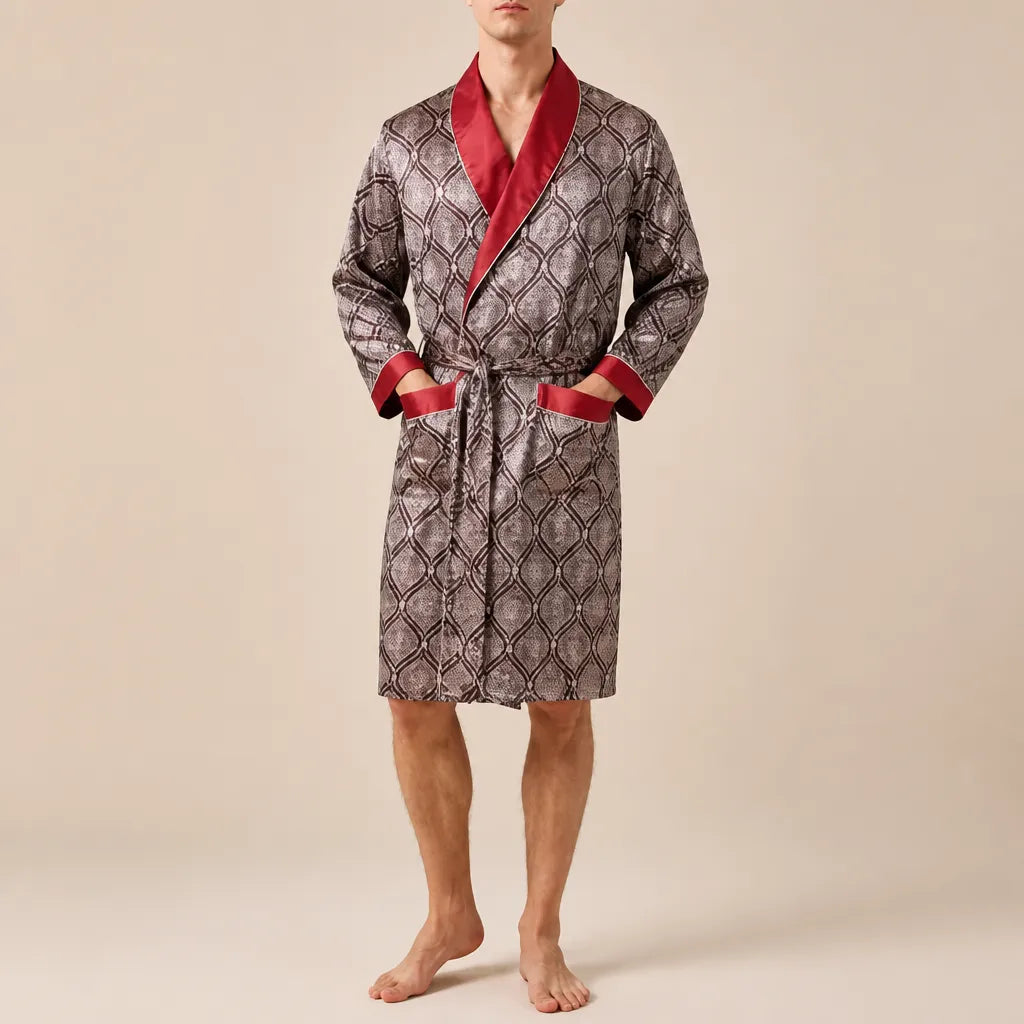 La boutique du peignoir Peignoir Homme Luxe - Kimono en Satin, Taupe à Motifs Col Rouge