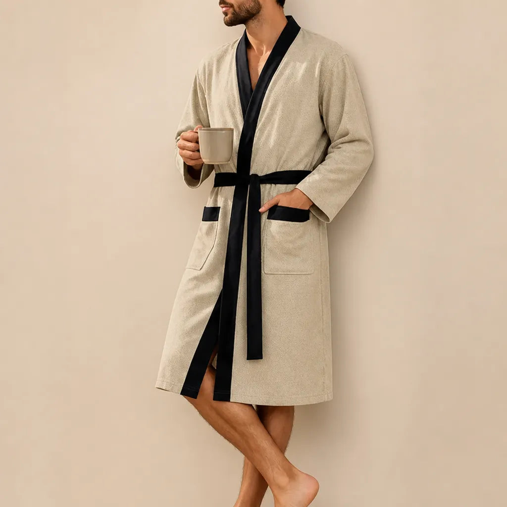 La boutique du peignoir Peignoir Homme Nid d'Abeille - Kimono à Bordure Noire, Beige Sable