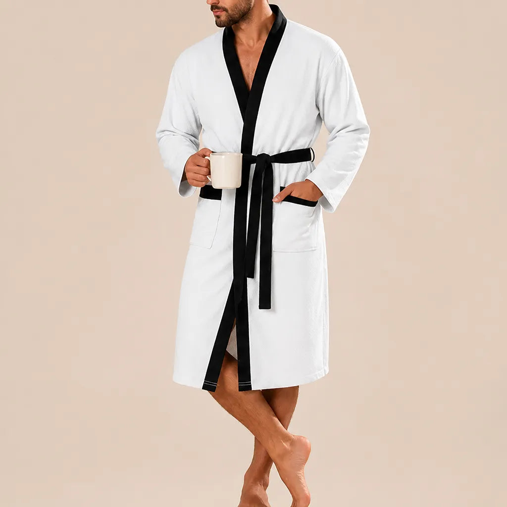 La boutique du peignoir Peignoir Homme Nid d'Abeille - Kimono à Bordure Noire, Blanc