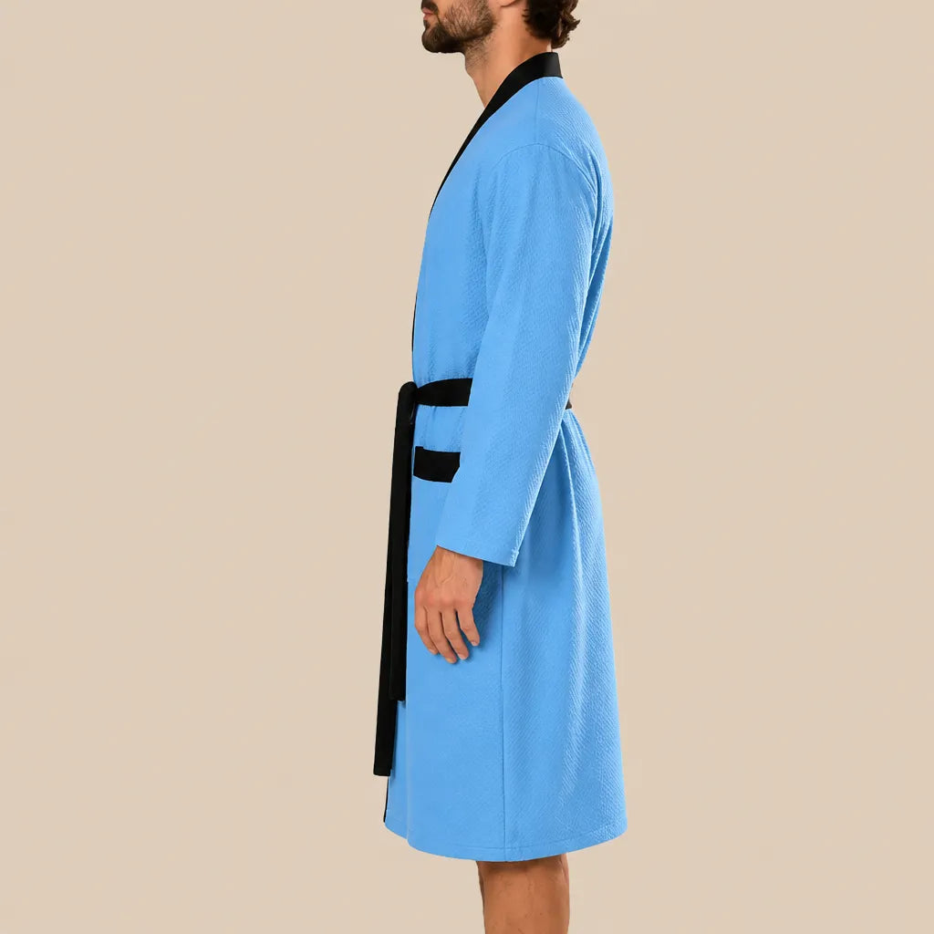 La boutique du peignoir Peignoir Homme Nid d'Abeille - Kimono à Bordure Noire, Bleu Ciel