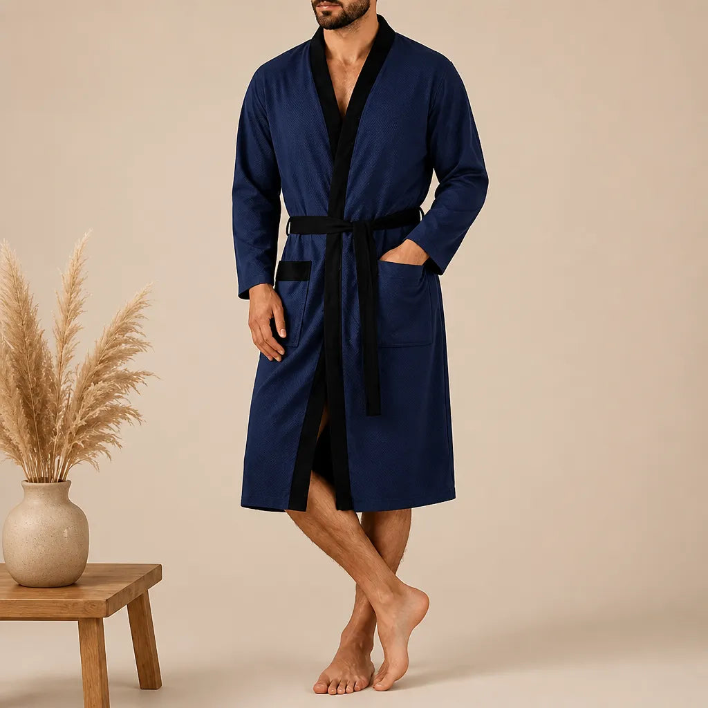La boutique du peignoir Peignoir Homme Nid d'Abeille - Kimono à Bordure Noire, Bleu Marine