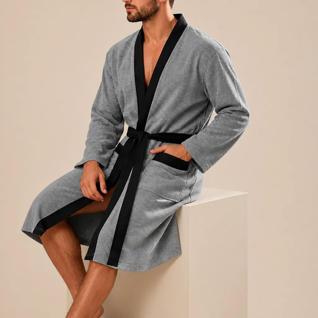 La boutique du peignoir Peignoir Homme Nid d'Abeille - Kimono à Bordure Noire, Gris Chiné
