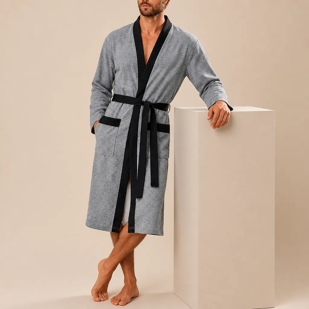 La boutique du peignoir Peignoir Homme Nid d'Abeille - Kimono à Bordure Noire, Gris Chiné