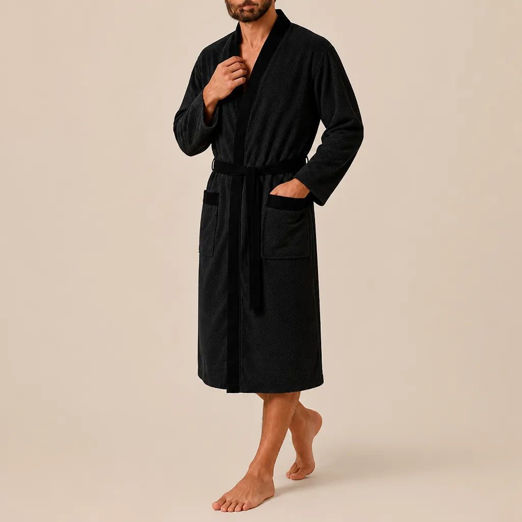 La boutique du peignoir Peignoir Homme Nid d'Abeille - Kimono à Bordure Noire, Noir