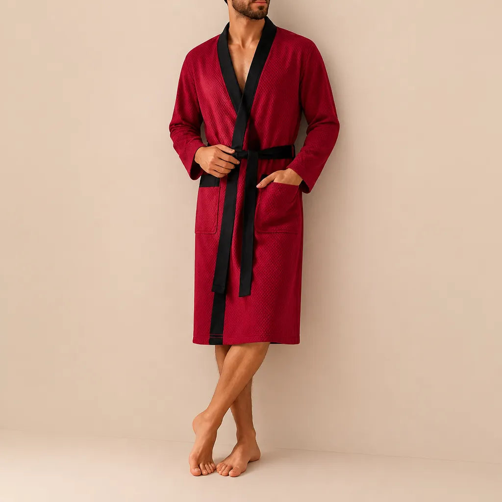 La boutique du peignoir Peignoir Homme Nid d'Abeille - Kimono à Bordure Noire, Rouge