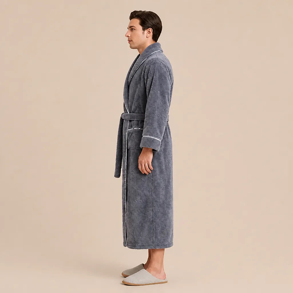 La boutique du peignoir Peignoir Homme Polaire - Long à Liseré, Gris Mauve