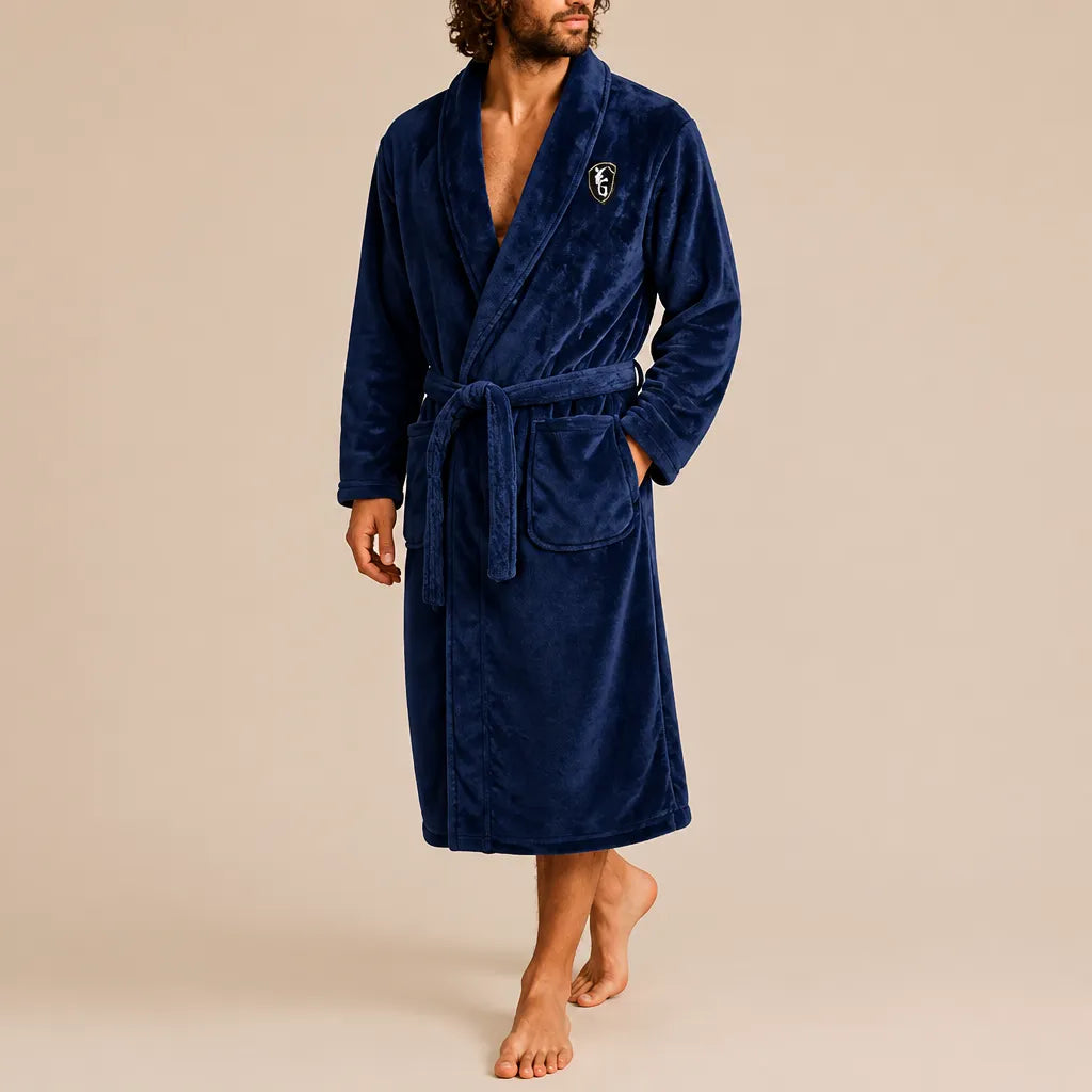 La boutique du peignoir Peignoir Homme Polaire - Mi-Long, Bleu Marine à Écusson