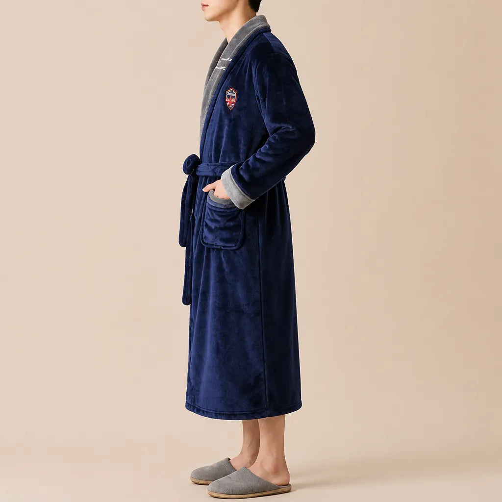 La boutique du peignoir Peignoir Homme Polaire - Mi-Long, Bleu Marine Col Gris