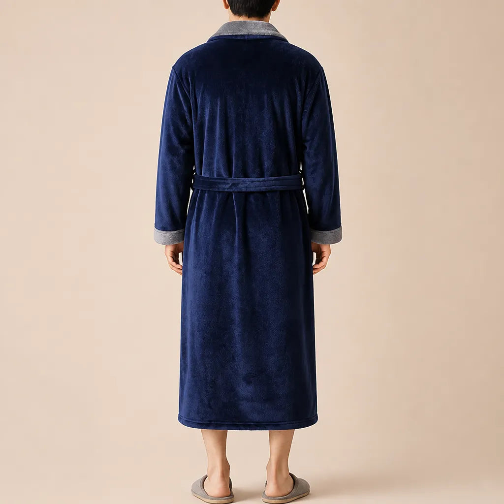 La boutique du peignoir Peignoir Homme Polaire - Mi-Long, Bleu Marine Col Gris