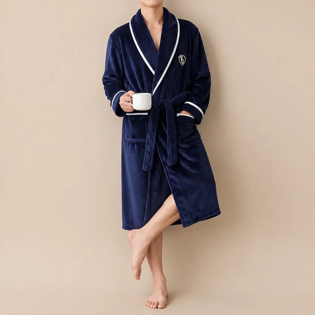 La boutique du peignoir Peignoir Homme Polaire - Mi-Long, Bleu Marine Liseré Blanc