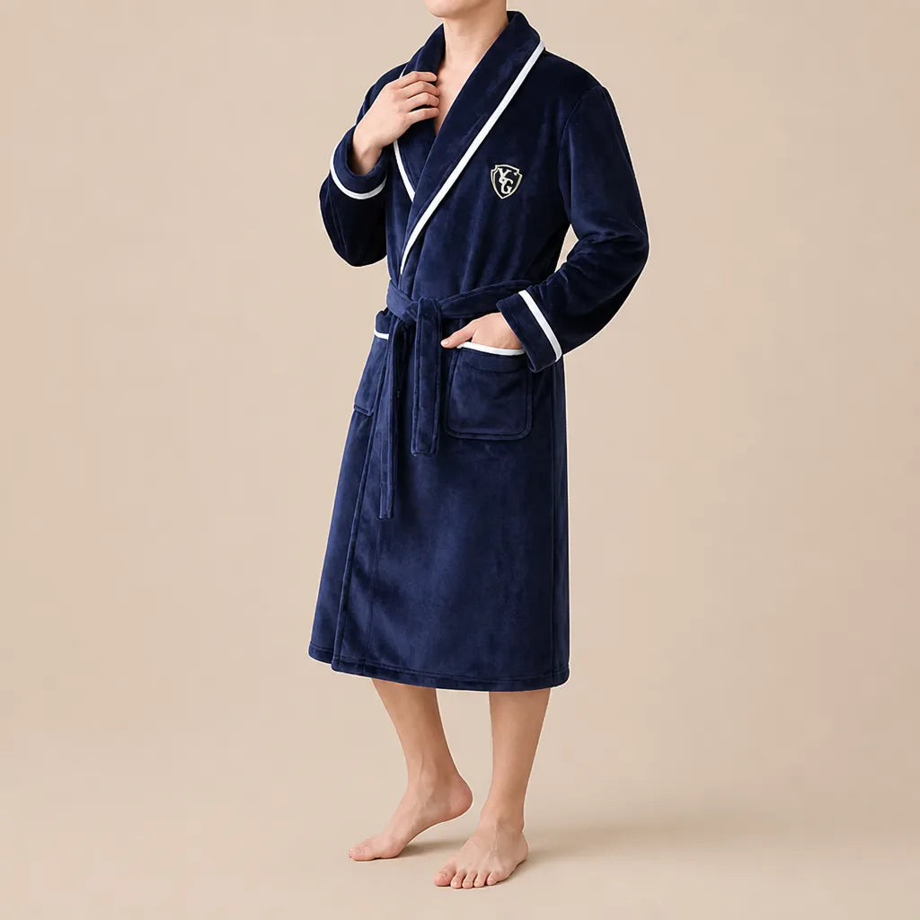 La boutique du peignoir Peignoir Homme Polaire - Mi-Long, Bleu Marine Liseré Blanc