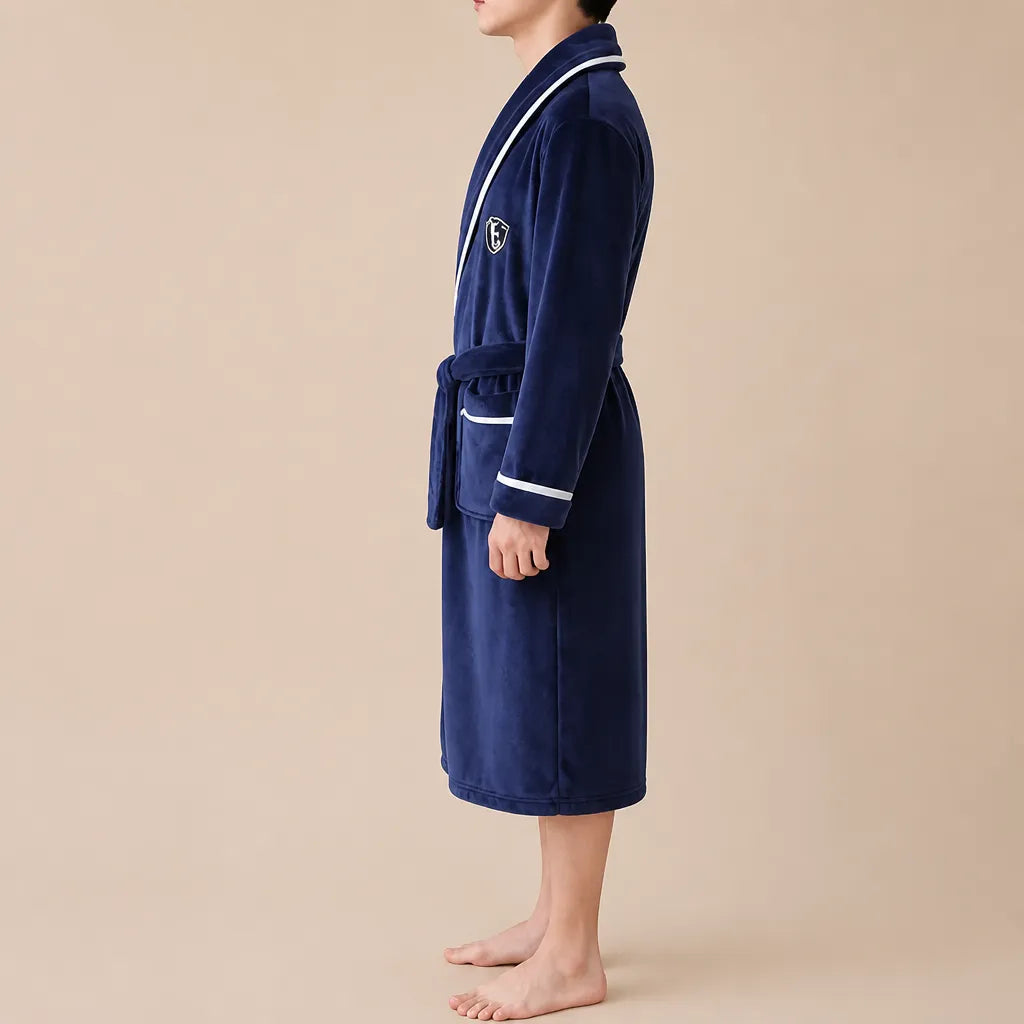 La boutique du peignoir Peignoir Homme Polaire - Mi-Long, Bleu Marine Liseré Blanc