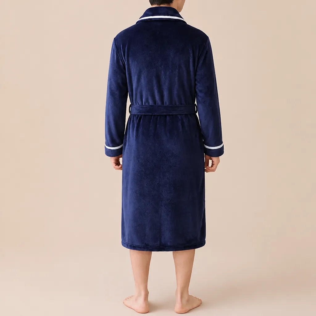 La boutique du peignoir Peignoir Homme Polaire - Mi-Long, Bleu Marine Liseré Blanc