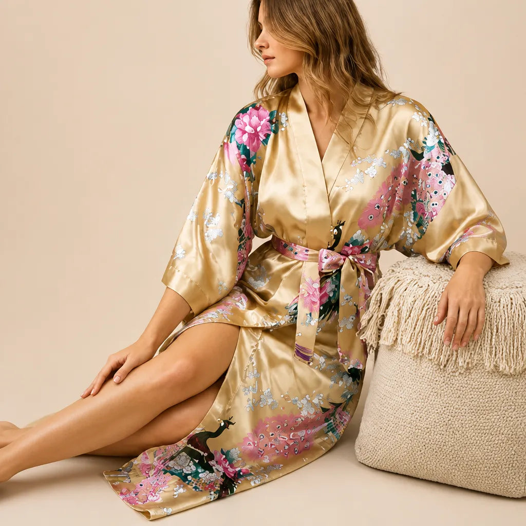 La boutique du peignoir Peignoir Kimono Femme - Court en Satin à Paons, Doré