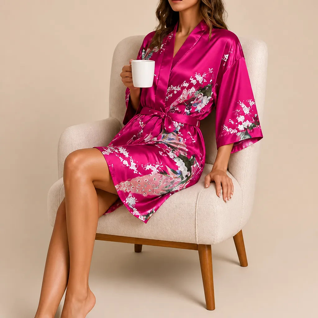 La boutique du peignoir Peignoir Kimono Femme - Court en Satin à Paons, Fuchsia