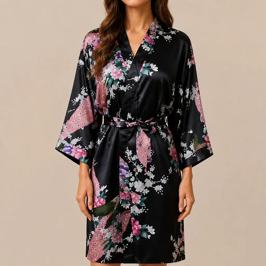 La boutique du peignoir Peignoir Kimono Femme - Court en Satin à Paons, Noir