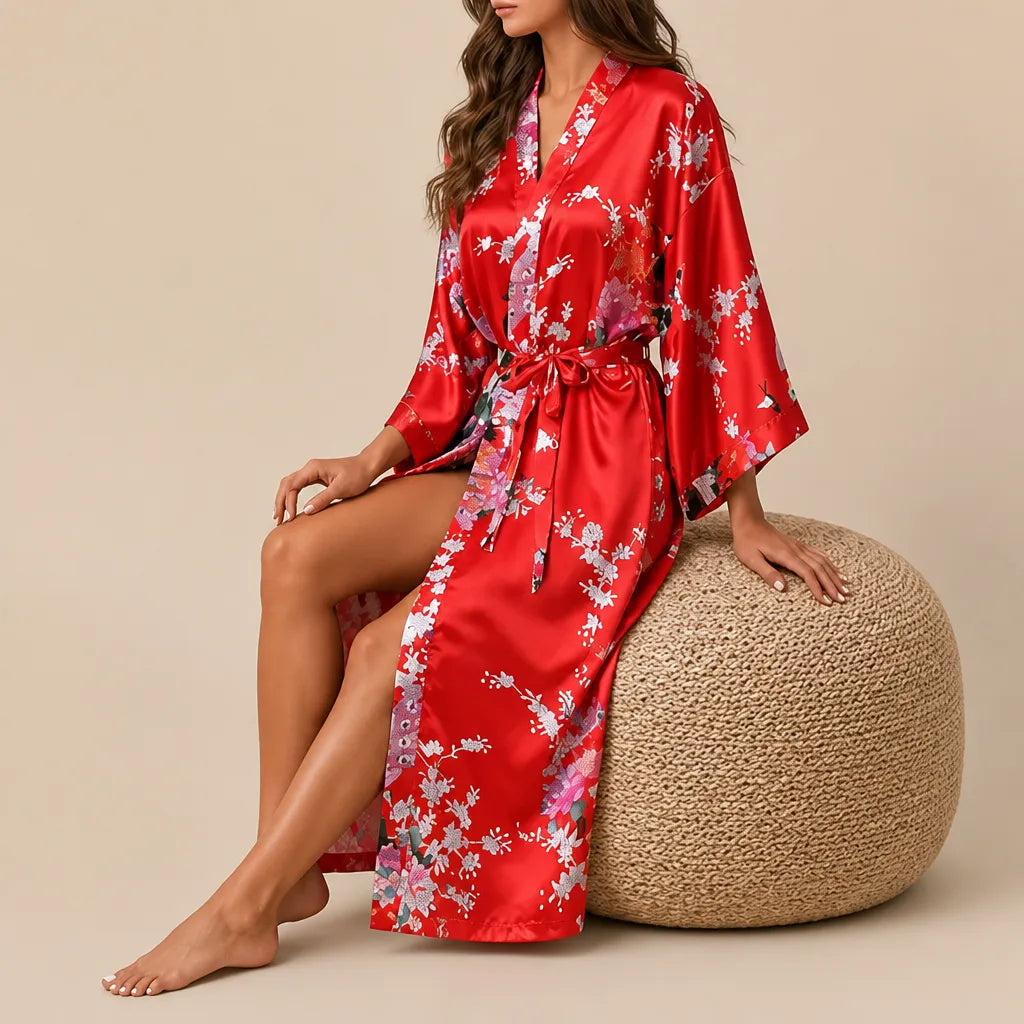 La boutique du peignoir Peignoir Kimono Femme - Court en Satin à Paons, Rouge