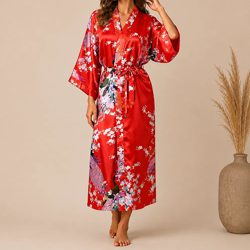 La boutique du peignoir Peignoir Kimono Femme - Court en Satin à Paons, Rouge