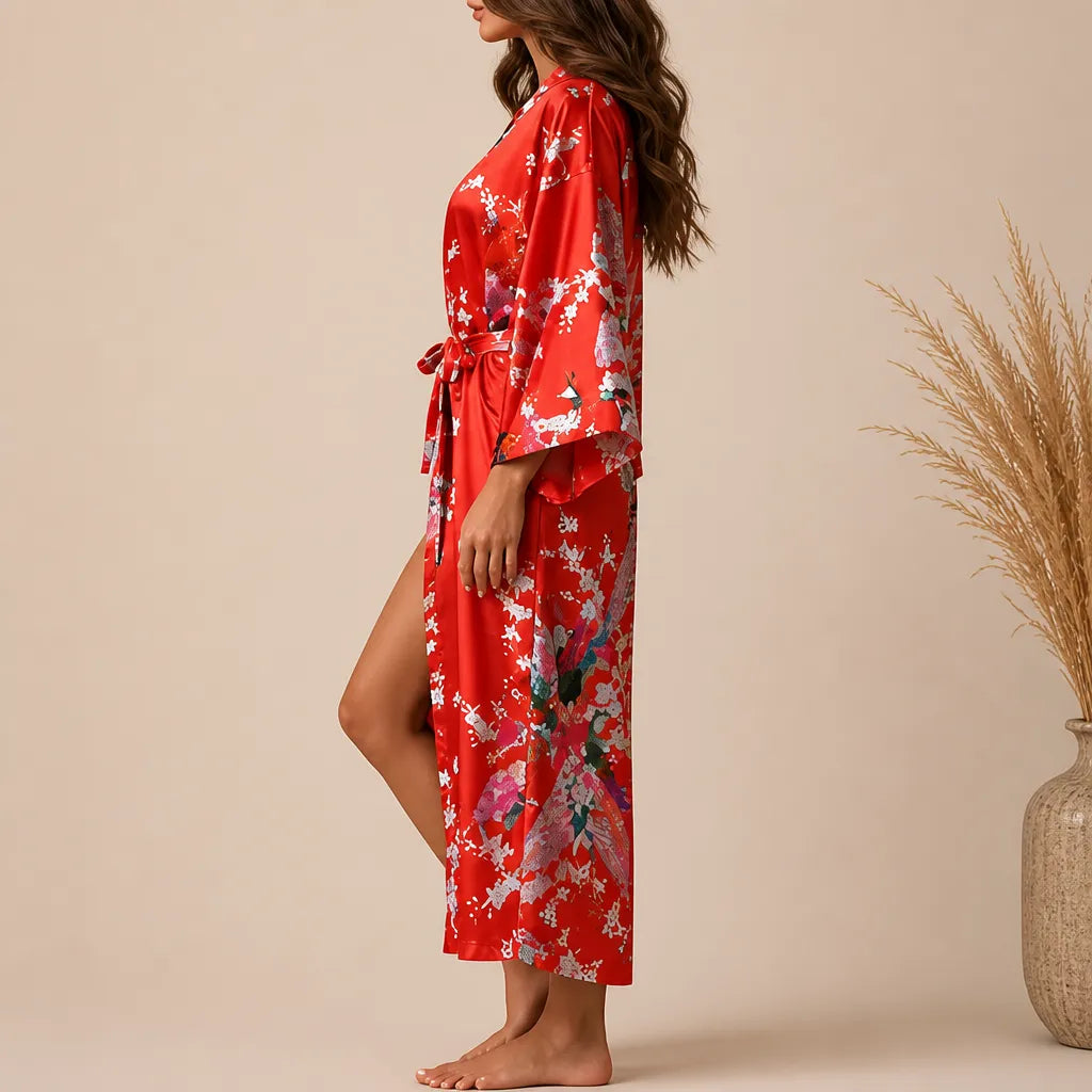 La boutique du peignoir Peignoir Kimono Femme - Court en Satin à Paons, Rouge