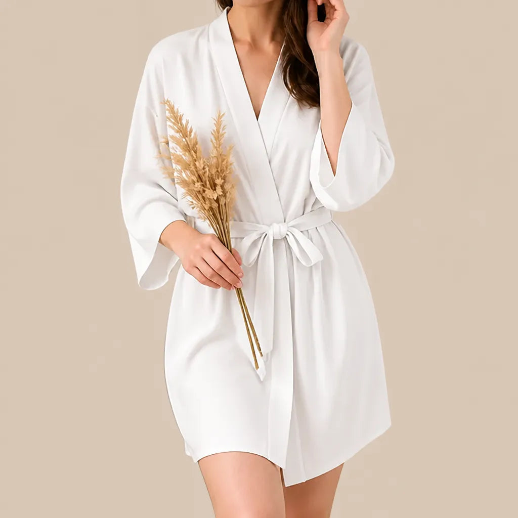 La boutique du peignoir Peignoir Kimono Femme - Court en Satin Uni, Blanc