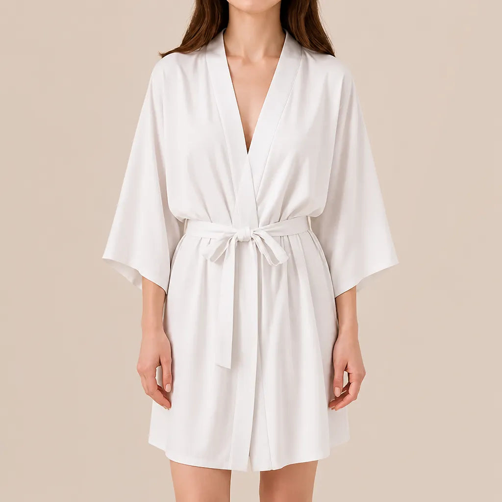 La boutique du peignoir Peignoir Kimono Femme - Court en Satin Uni, Blanc