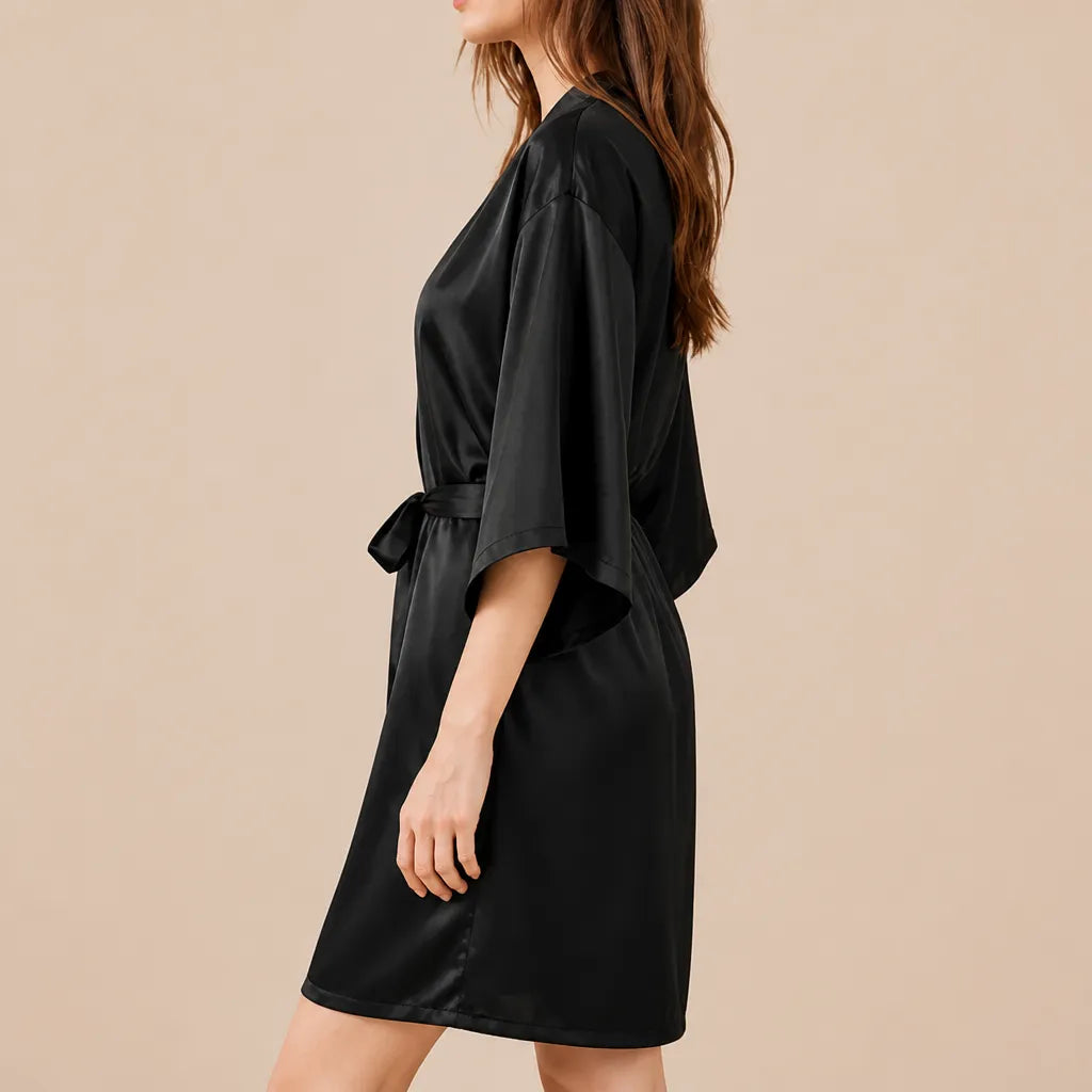 La boutique du peignoir Peignoir Kimono Femme - Court en Satin Uni, Noir