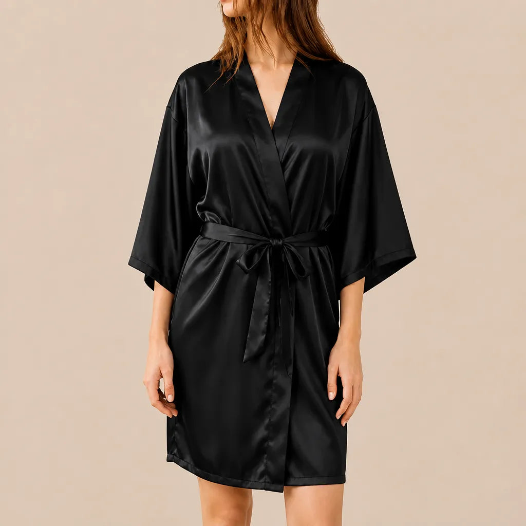 La boutique du peignoir Peignoir Kimono Femme - Court en Satin Uni, Noir