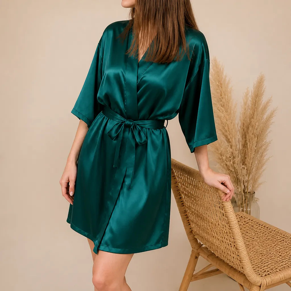 La boutique du peignoir Peignoir Kimono Femme - Court en Satin Uni, Vert Émeraude