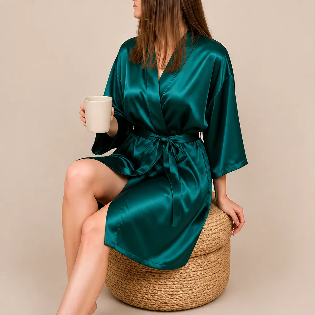 La boutique du peignoir Peignoir Kimono Femme - Court en Satin Uni, Vert Émeraude