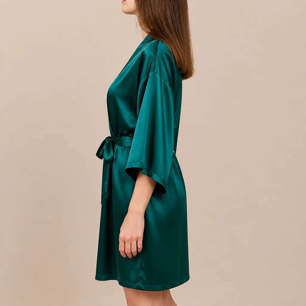 La boutique du peignoir Peignoir Kimono Femme - Court en Satin Uni, Vert Émeraude