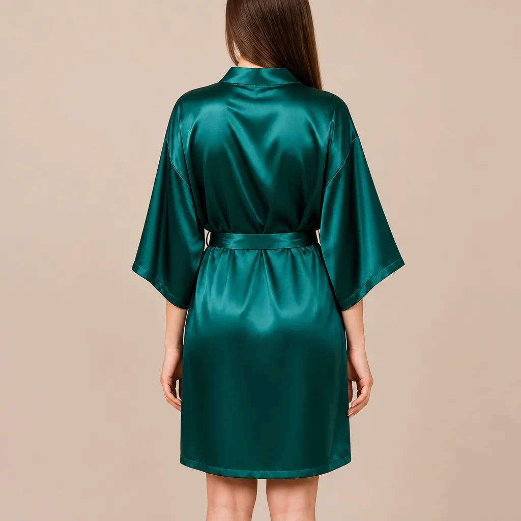 La boutique du peignoir Peignoir Kimono Femme - Court en Satin Uni, Vert Émeraude