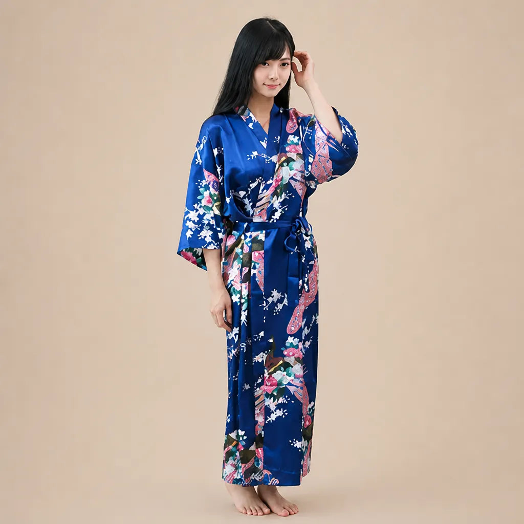 La boutique du peignoir Peignoir Kimono Femme - Long en Satin à Paons, Bleu Roi
