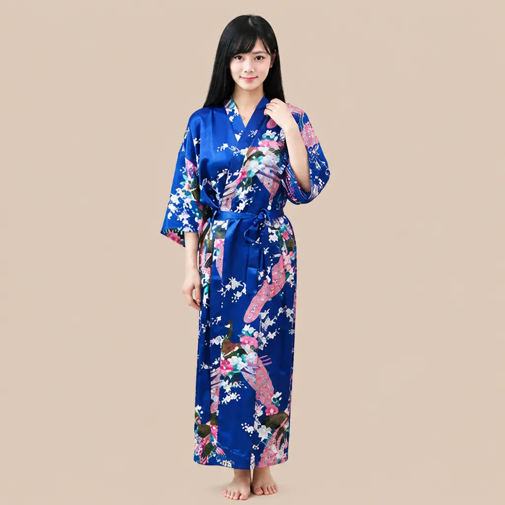 La boutique du peignoir Peignoir Kimono Femme - Long en Satin à Paons, Bleu Roi