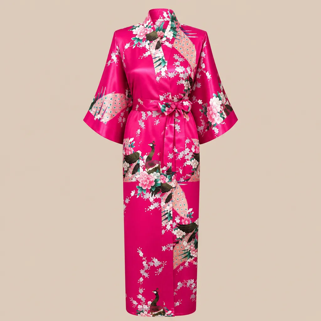 La boutique du peignoir Peignoir Kimono Femme - Long en Satin à Paons, Fuchsia