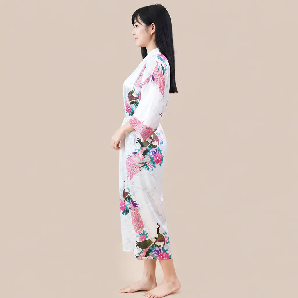 La boutique du peignoir Peignoir Kimono Femme - Long en Satin à Paons, Ivoire